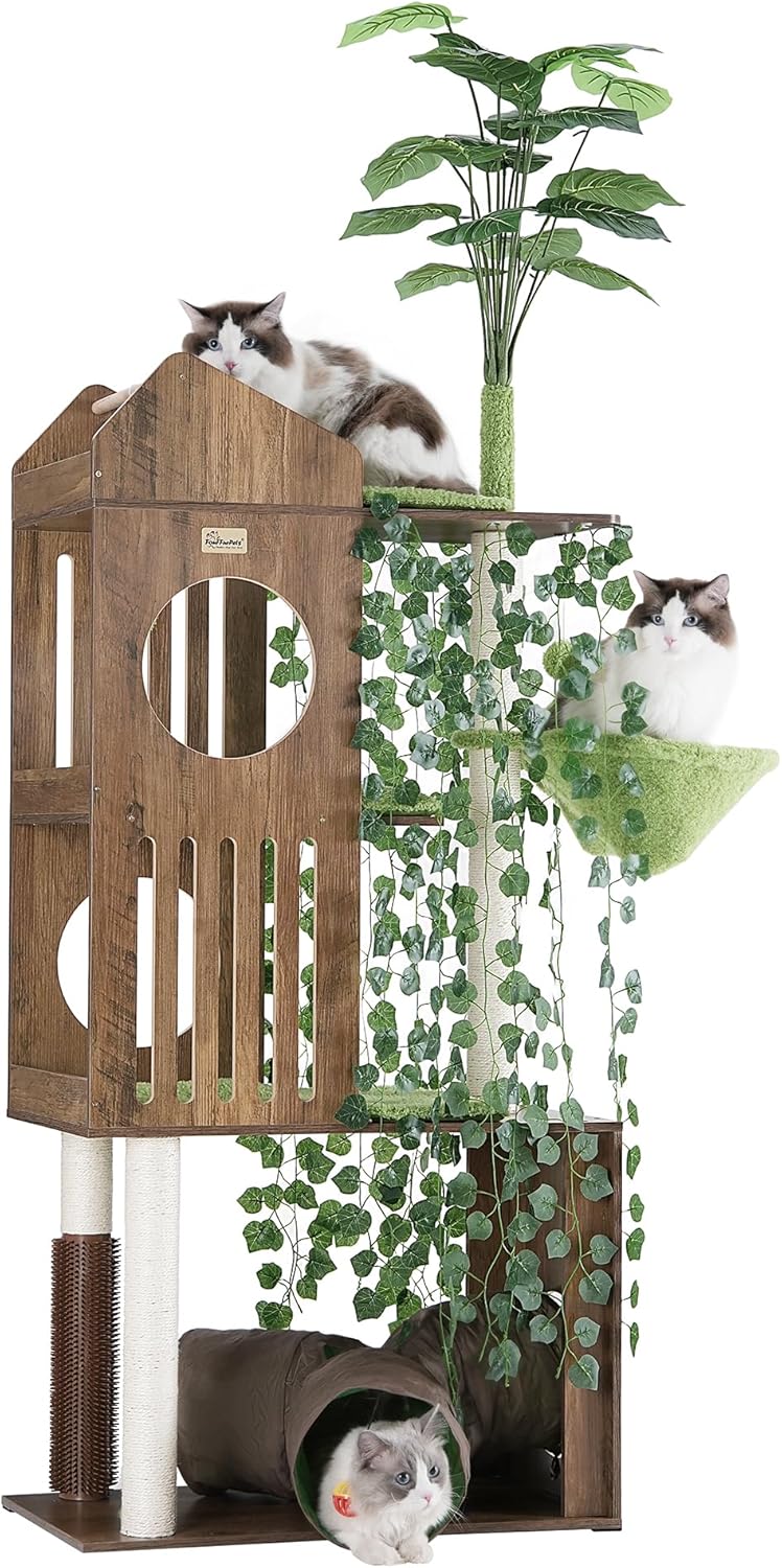 Large Cat Tree with Leaves, 72.8-Inch Cat Tower for Indoor Cats, Modern Cat Tree with Scratching Post, Large Perch, Tunnels, Swing Ball, Self
