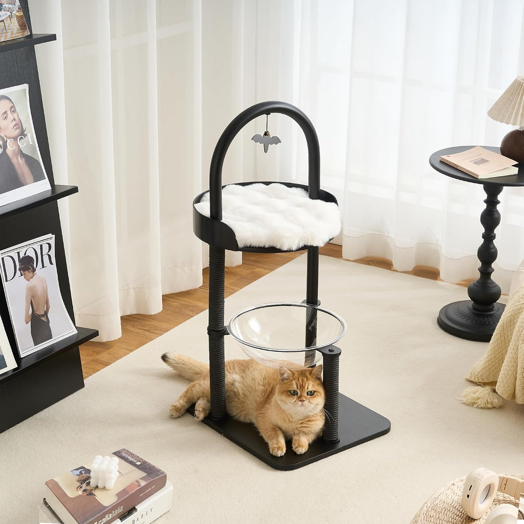 Wood Modern Cat Tree, 61.5" Cat Tower with Sisal Scratching Posts, Cat Condo, Capsule,Hamnock and Spinner Toy, Solid Wooden Aesthetic Multi-Level Cat