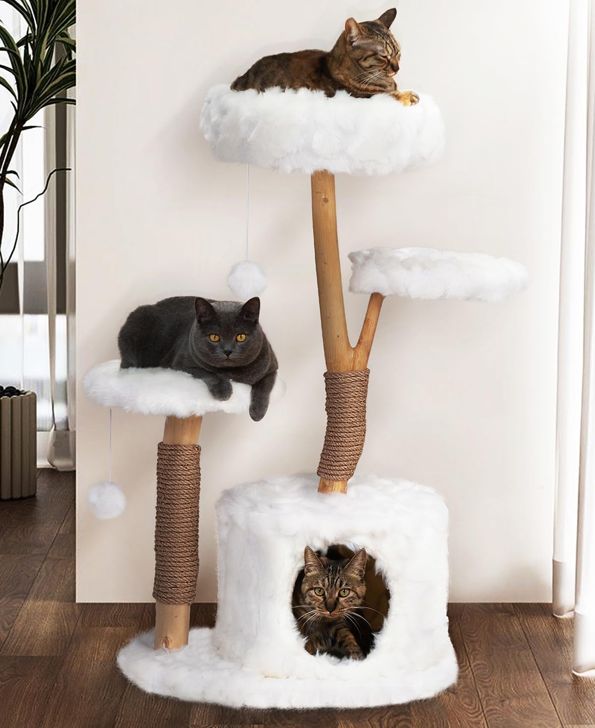COZIWOW Cloud Cat Tree for Indoor Cats, 42" Modern Aesthetic Cat Tower with Solid Wood Branches, Top Cat Bed, Side Perch, Large Condo, Scratching