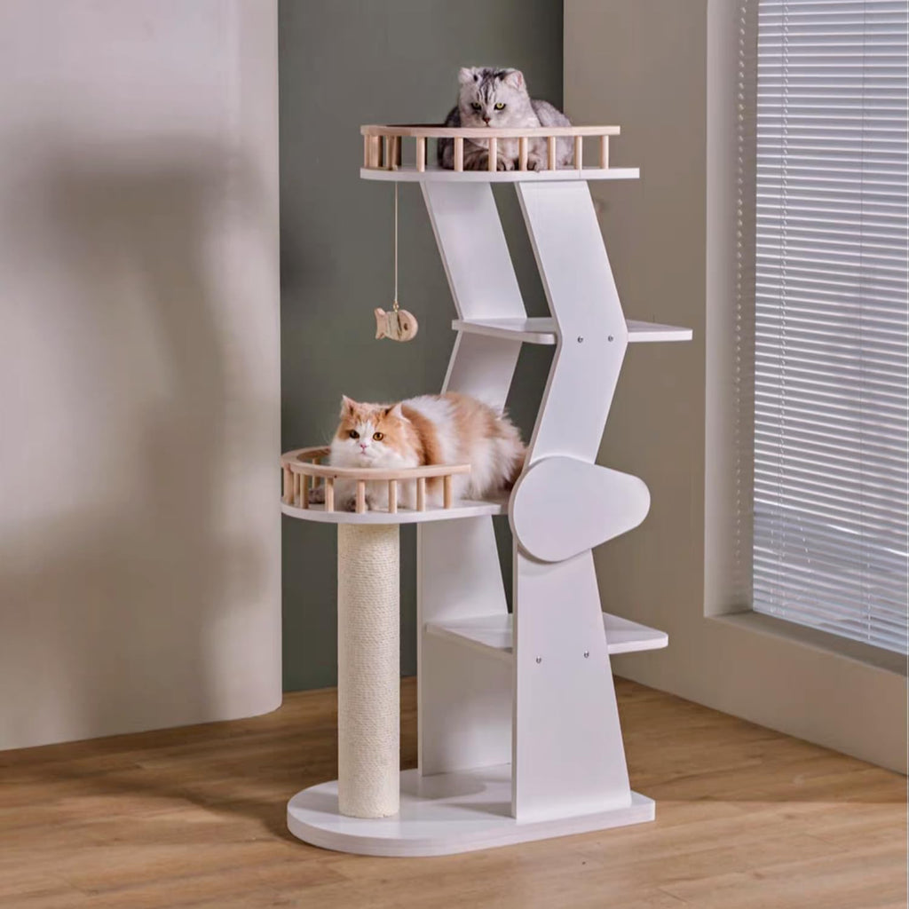 SHENGOCASE Modern Stylish 52.4 inches Tall Wooden Cat Tree Tower, Aesthetic Cat Condo Ladder with 5-Level Big Perch Platform Bed for Window Viewing