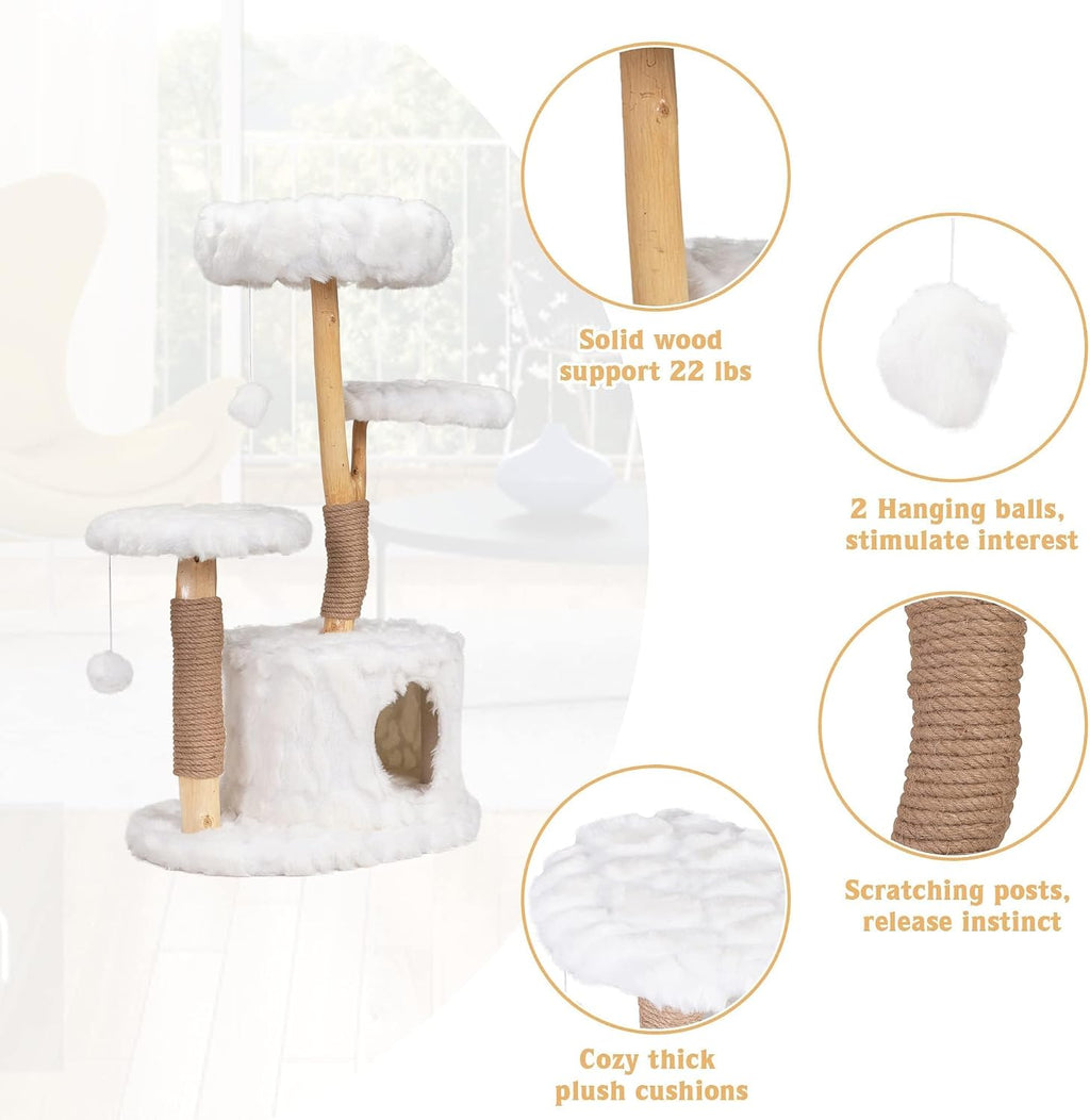 COZIWOW Cloud Cat Tree for Indoor Cats, 42" Modern Aesthetic Cat Tower with Solid Wood Branches, Top Cat Bed, Side Perch, Large Condo, Scratching