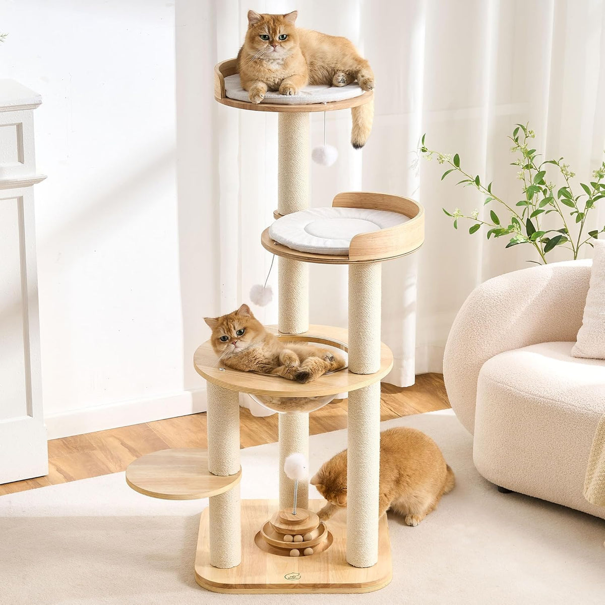 Wood Modern Cat Tree, 61.5" Cat Tower with Sisal Scratching Posts, Cat Condo, Capsule,Hamnock and Spinner Toy, Solid Wooden Aesthetic Multi-Level Cat